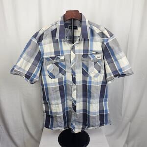 7 Diamonds Pearl Snap Shirt XXL Blue Plaid 100% Cotton Western Style